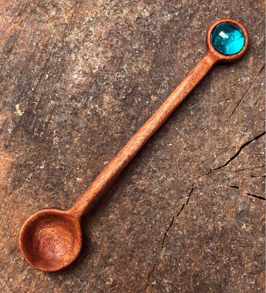 Mahogany jar spoon with glass cabochon